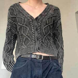 Vintage Lucky Brand Distressed Gray/Black Cable Knit Cardigan 100% Cotton Button